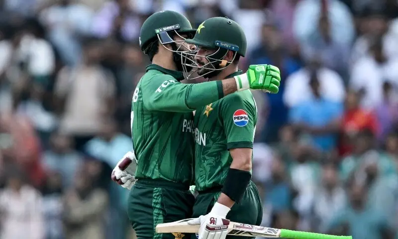  Pakistan&rsquo;s Sahibzada Farhan (R) celebrates with Shadab Khan after scoring a century (100 runs) during the 2026 ICC Men&rsquo;s T20 Cricket World Cup group stage match between Pakistan and Namibia at the Sinhalese Sports Club (SSC) Ground in Colombo on February 18, 2026. &mdash; AFP 