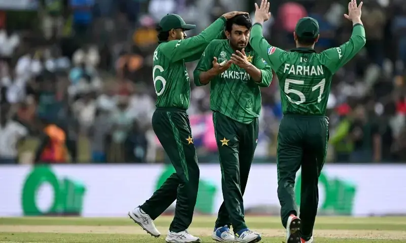  Pakistan&rsquo;s Salman Mirza (C) celebrates with teammates after taking the wicket of Namibia&rsquo;s Jan Frylinck during the 2026 ICC Men&rsquo;s T20 Cricket World Cup group stage match between Pakistan and Namibia at the Sinhalese Sports Club (SSC) Ground in Colombo on February 18, 2026. &mdash; AFP 