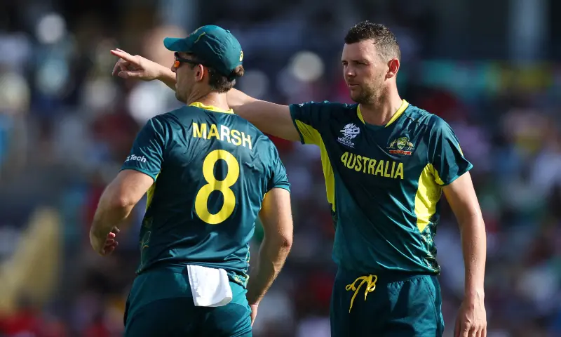 Australia&rsquo;s Josh Hazlewood and Mitchell Marsh talks during Australia v England at Kensington Oval, Bridgetown, Barbados on June 8, 2024. &mdash; Reuters/File