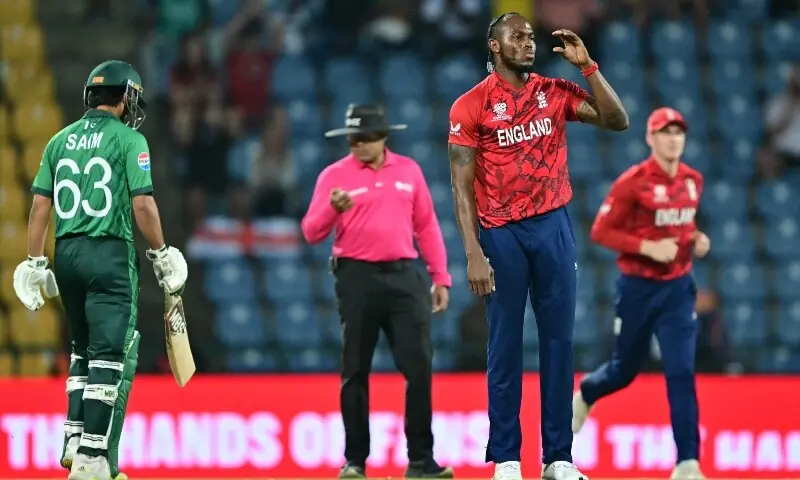  England&rsquo;s Jofra Archer (2R) celebrates after taking the wicket of Pakistan&rsquo;s Saim Ayub (L) during the 2026 ICC Men&rsquo;s T20 Cricket World Cup Super Eights match between England and Pakistan at the Pallekele International Cricket Stadium in Kandy on February 24, 2026. &mdash; AFP 