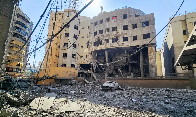 The heavily-damaged building of Hezbollah’s radio broadcast station al-Nour, which was hit by overnight Israeli strikes, is pictured in Beirut’s southern suburbs on March 3, 2026. — AFP