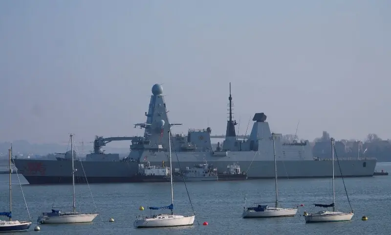 The HMS Dragon during ammunitioning operations at Upper Harbour Ammunitioning Facility (UHAF) in Portsmouth Harbour, after British Prime Minister Keir Starmer announced that Britain would deploy the naval vessel, along with helicopters equipped with counter-drone capabilities, to the eastern Mediterranean as the conflict in the Middle East intensifies, in Portsmouth, Britain, March 4, 2026. &mdash; Reuters