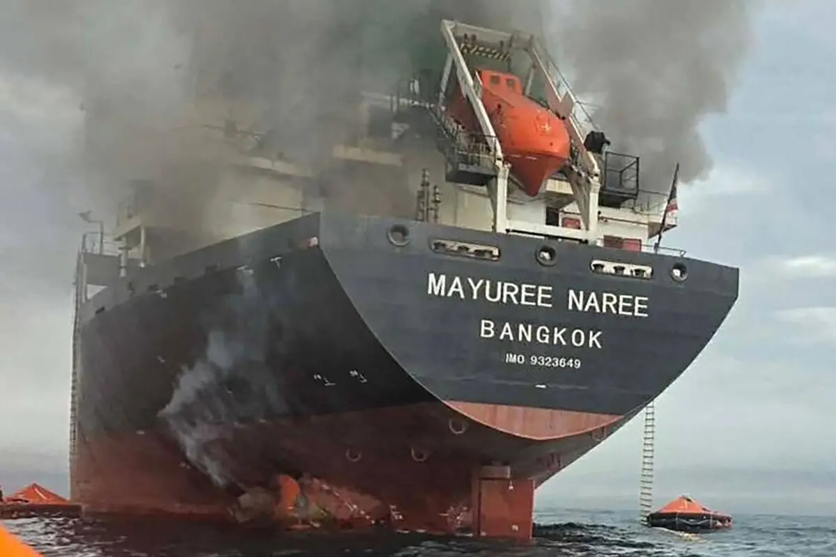 This handout photo taken on March 11, 2026 and released by the Royal Thai Navy shows smoke rising from the Thai bulk carrier &lsquo;Mayuree Naree&rsquo; near the Strait of Hormuz after an attack. &mdash; AFP