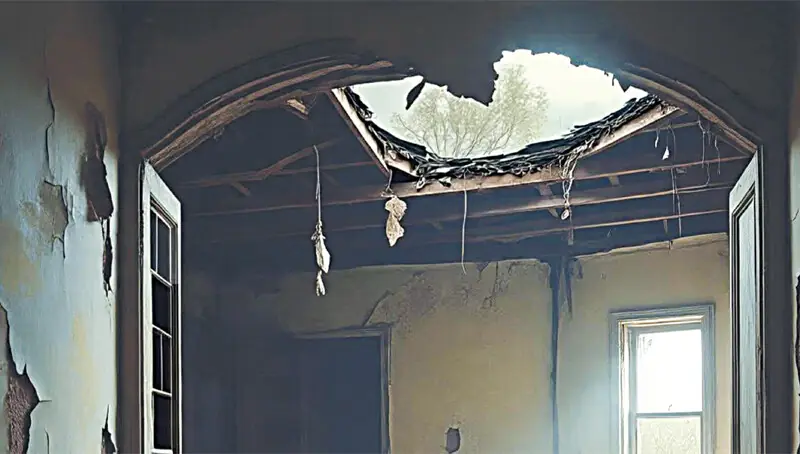 THE roof of a house in Bajaur is blown open after a mortar shell fired from Afghanistan struck it.&mdash;Dawn