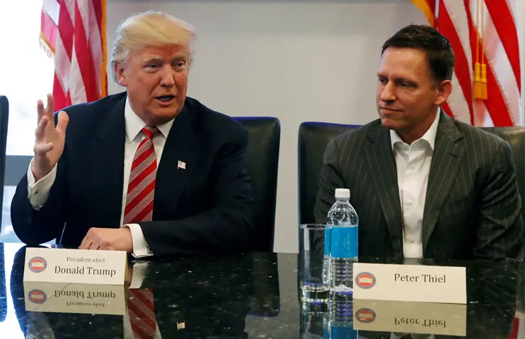 A DEC 14, 2016 file photo shows president-elect Donald Trump sitting with PayPal co-founder and Facebook board member Peter Thiel during a meeting with technology leaders in New York.—Reuters
