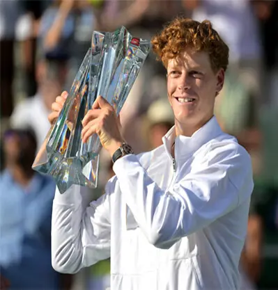  ITALY&rsquo;S Jannik Sinner celebrates with the Indian  Wells title after defeating Daniil Medvedev of Russia in the men&rsquo;s final at the Indian Wells Tennis Garden. &mdash;Reuters 