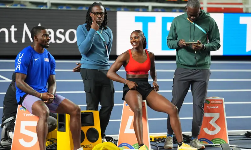  TORUN: Britain&rsquo;s Dina Asher Smith (second R) is having a light moment with other athletes at the Kujawsko-Pomorska Arena on Thursday, ahead of the World Indoor Championships.&mdash;Reuters 