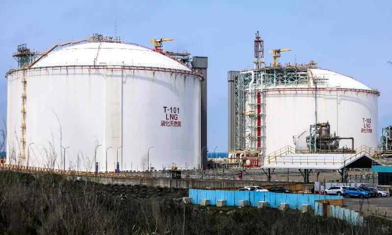 LNG storage tanks are seen at Guan-Tang LNG Receiving Terminal, which is a major liquefied natural gas import facility on the island in Taoyuan on March 25, 2026. &mdash; AFP