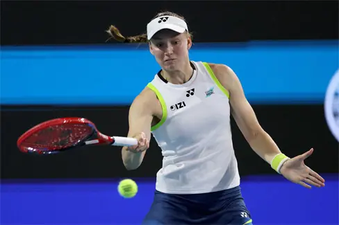  KAZAKHSTAN&rsquo;S Elena Rybakina hits a return against Aryna Sabalenka of Belarus during their Miami Open semi-final at the Hard Rock Stadium.&mdash;AFP 