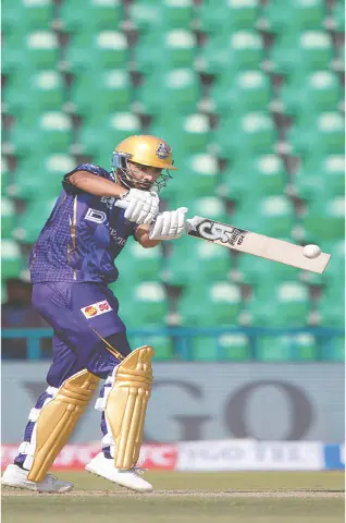 Quetta Gladiators opener Shamyl Hussain plays a stroke during the match against Hyderabad Kingsmen at the Gaddafi Stadium on Sunday.—Courtesy PCB