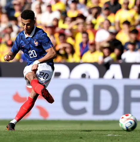 LANDOVER (Maryland): France’s Desire Doue scores during an international friendly against Colombia at the Northwest Stadium.—AFP