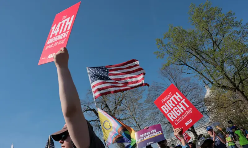 Demonstrators hold signs outside the US Supreme Court building on the day the court is expected to hear oral arguments on the legality of the Trump administration&rsquo;s effort to limit birthright citizenship for the children of immigrants, in Washington, D.C., US, April 1, 2026. &mdash; Reuters