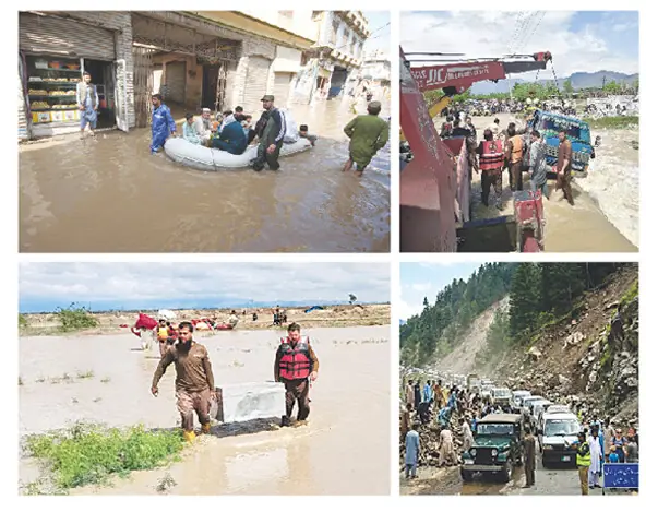  (Clockwise from top) Rescuers transport stranded people from the flooded Sardar Colony in Peshawar to safety on Saturday. Rescue 1122 and TMA workers recover a vehicle from a nullah in Bajaur district. Locals and Rescue 1122 personnel clear Mansehra-Naran-Jalkhad Road after heavy landslides near Kawai area of Kaghan Valley where travellers remained stranded for over two hours. Official workers shift household items of flood-hit people to a safer place in Lakki Marwat. &mdash; Dawn 