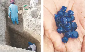 Workers carry out excavation at Bhir Mound. (Right) Glass beads discovered during recent excavations.—Dawn