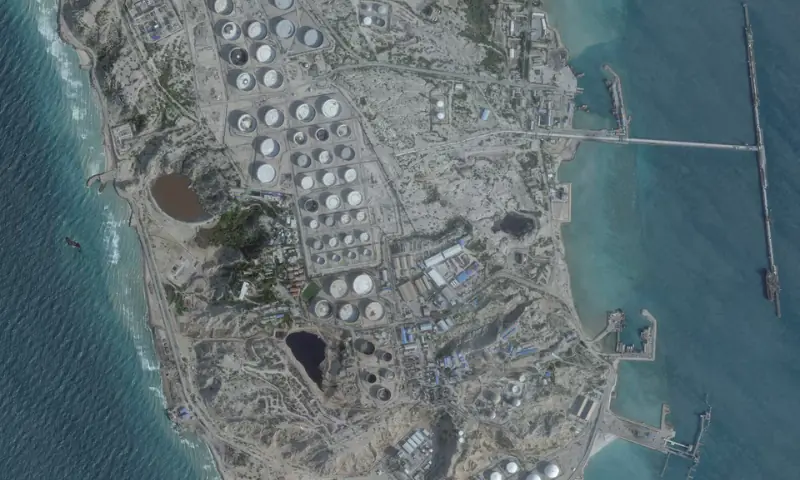 A satellite image shows an oil terminal at Kharg Island, Iran, on February 25, 2026. 2026. — Planet Labs PBC via Reuters