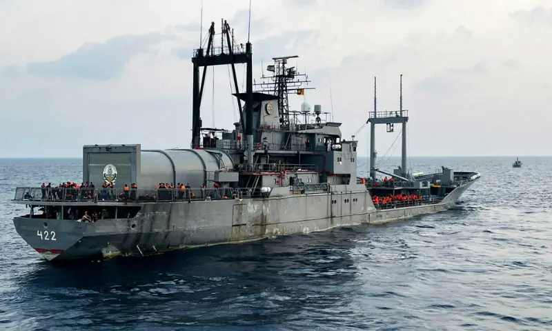 A Sri Lanka Navy vessel approaches an Iranian Navy vessel IRIS Bushehr (422) during a rescue operation, a day after the crew of a distressed Iranian military ship, IRIS Dena, were assisted in waters south of Sri Lanka, off the coast of Colombo, Sri Lanka, on March 5, 2026. — Reuters
