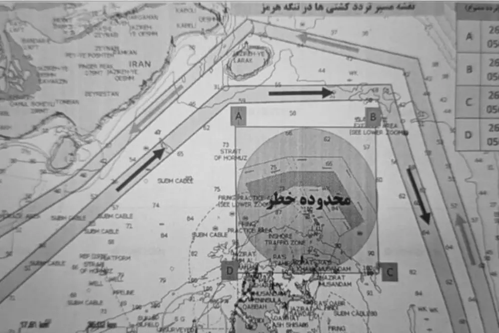  Map portraying alternate shipping routes in the Strait of Hormuz for ships to avoid naval mines. &mdash; via Iran&rsquo;s Nour News 