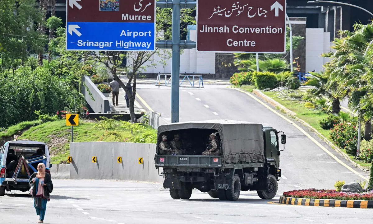 Army personnel patrol at the Red Zone area in Islamabad on April 9, 2026. &mdash; AFP