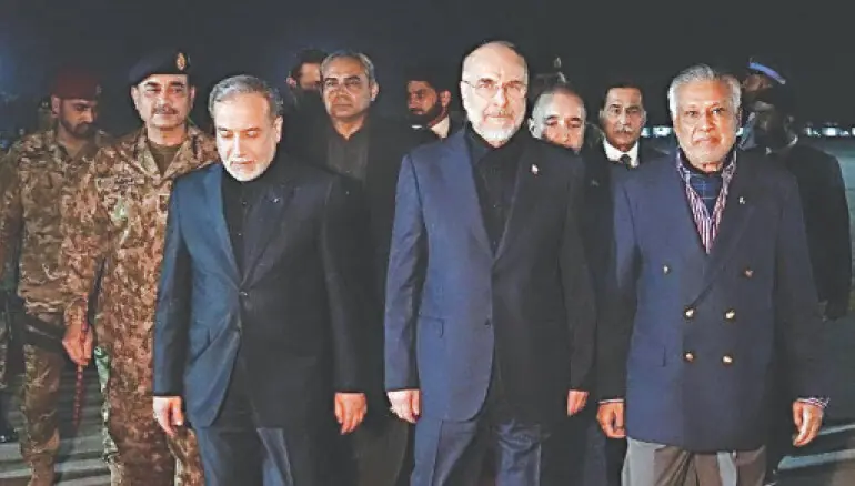BAGHER Ghalibaf (centre), the speaker of Iran’s parliament, and Foreign Minister Abbas Araghchi arrive at Islamabad Airport.—White Star