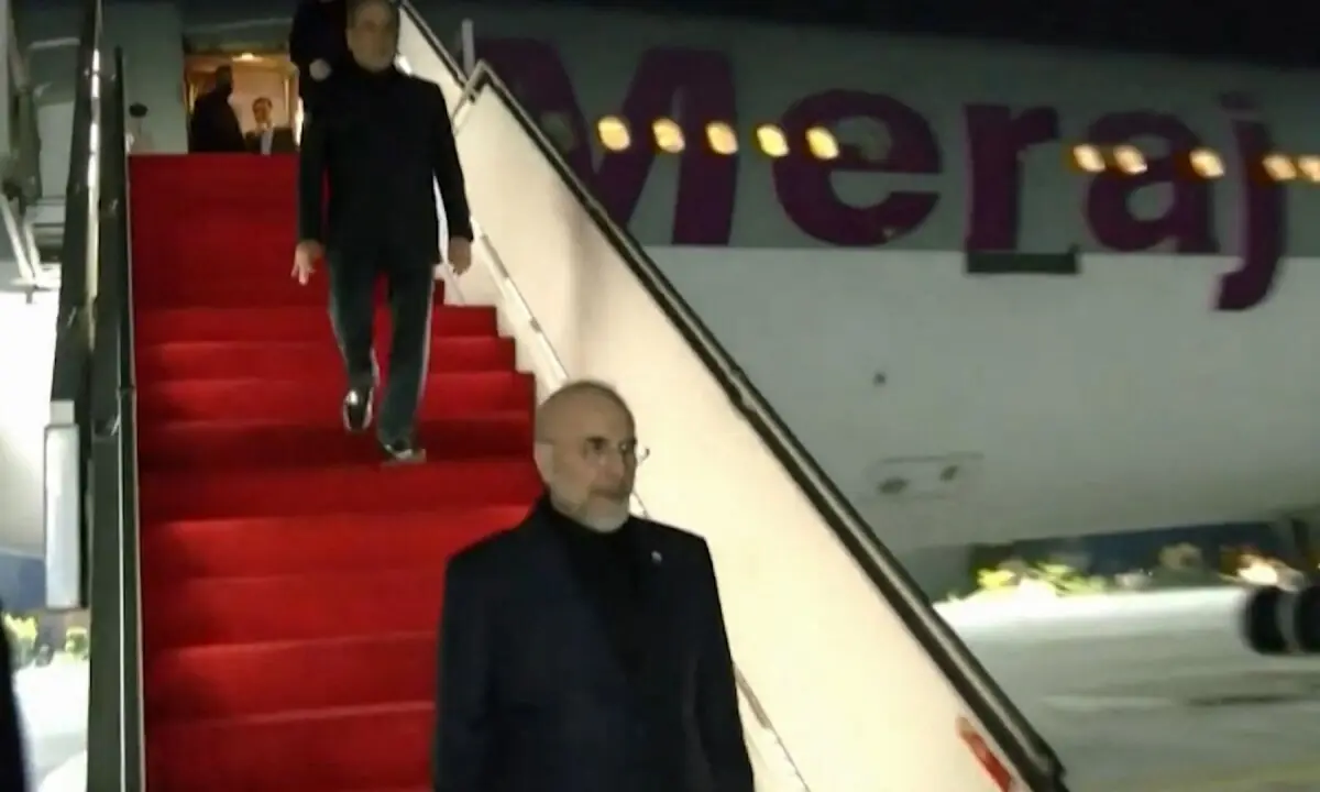 This screengrab of handout video released on April 11, 2026 by Pakistan’s Ministry of Foreign Affairs shows the Iranian delegation led by Parliament Speaker Mohammad Bagher Ghalibaf (C) and Foreign Minister Abbas Araghchi (L) arriving at Nur Khan Airbase in Islamabad. —AFP