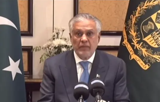 Ishaq Dar addresses the media in Islamabad on April 12, 2026. — screengrab via DawnNewsTV