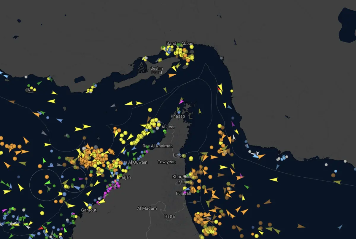 A screenshot from a vessel tracker showing the marine traffic around the Strait of Hormuz at 2am (PST). Screengrab via VesselFinder