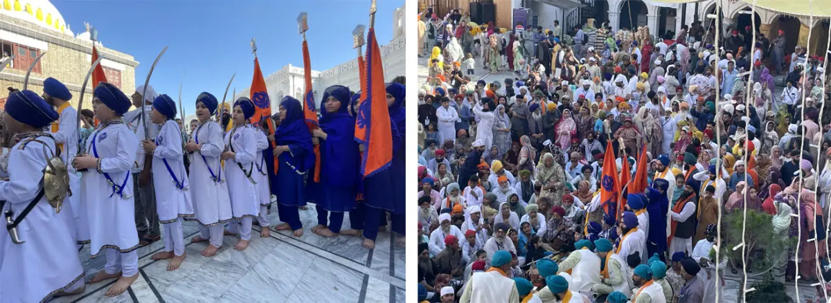   Sikh children in traditional costumes hold symbolic swords during a procession called the &lsquo;Nagar Kirtan&rsquo; at Gurdwara Punja Sahib in Hassanabdal on Monday. In the other picture, devotees perform their rituals on the occasion of Baisakhi. &mdash; Dawn  