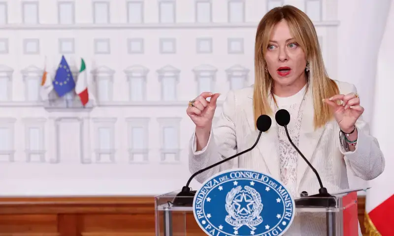 Italian Prime Minister Giorgia Meloni speaks during a joint statement with President of Cyprus Nikos Christodoulides, at Chigi Palace, in Rome, Italy on February 26, 2026. — Reuters/File