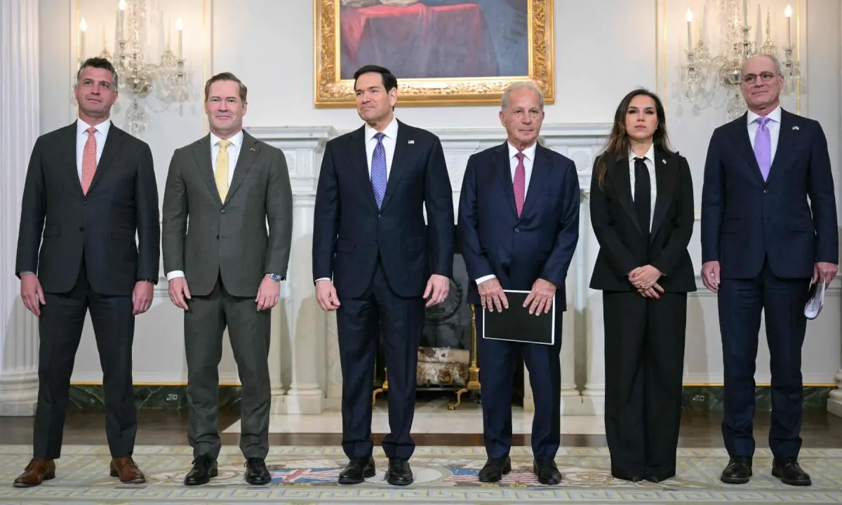 (L/R) US State Department Counselor Michael Needham, US Ambassador to the UN Mike Waltz, US Secretary of State Marco Rubio, US Ambassador to Lebanon Michel Issa, Lebanon&rsquo;s Ambassador to the US Nada Hamadeh Moawad, and Israeli Ambassador to the US Yechiel Leiter stand together before meeting at the State Department in Washington, DC, on April 14. &mdash; AFP