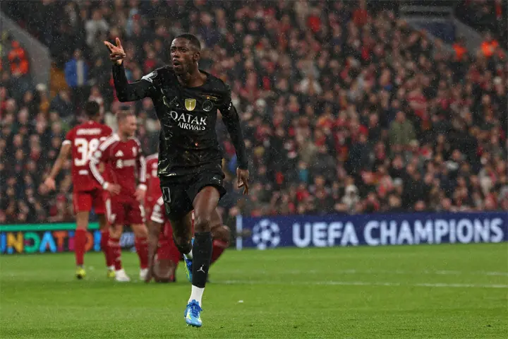  LIVERPOOL: PSG&rsquo;s Ousmane Dembele celebrates after scoring against Liverpool during their quarter-final second leg at Anfield.&mdash;AFP 