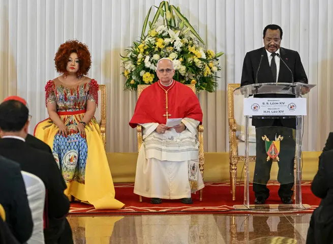  Pope Leo XIV and Cameroon&rsquo;s First Lady Chantal Biya look on as President Paul Biya delivers a speech in Yaounde.&mdash;AFP 