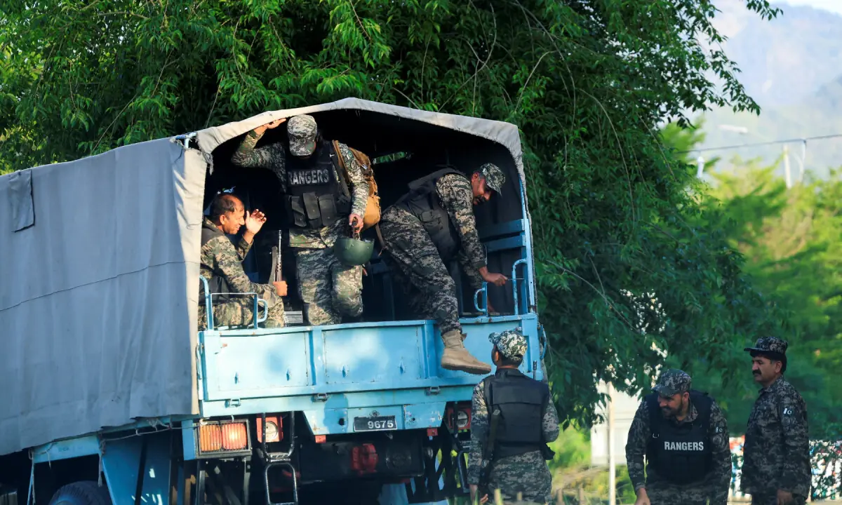 Rangers descend from a vehicle during their deployment along a road leading to the President&acirc;&rsquo;ss House, as Pakistan prepares to host the United States and Iran for the second phase of peace talks in Islamabad on April 20, 2026. &mdash; Reuters