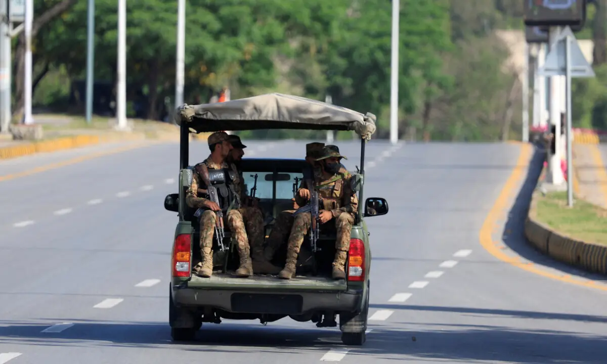 Army soldiers patrol near Serena hotel in Islamabad on April 20, 2026. &mdash; Reuters