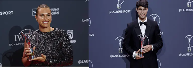 Aryna Sabalenka (L) of Belarus and Spain’s Carlos Alcaraz pose with their respective trophies during the 27th Laureus World Sports Awards gala at Palacio de Cibeles.—Reuters/AFP