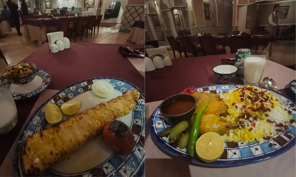  A traditional dinner in Tehran featuring saffron-infused Chelo Kebab, grilled tomatoes, Zereshk Polo (barberry rice) and Joojah (chicken) kebab. &mdash; photos by author 