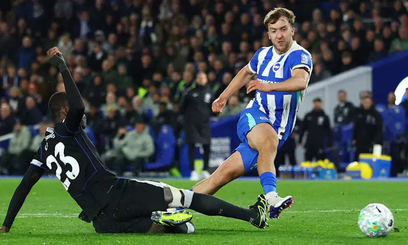  BRIGHTON and Hove Albion&rsquo;s Jack Hinshelwood (R) scores against Chelsea during their Premier League match at the American Express Community Stadium.&mdash; Reuters 