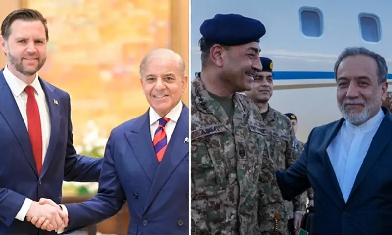  (Left) US Vice President J.D. Vance (left) shaking hands with Prime Minister Shehbaz Sharif in Islamabad on April 11, 2026. (Right) Iranian Foreign Minister Abbas Araqchi (right) welcomes Pakistani Chief of Defence Forces Field Marshal Asim Munir at an airport in Tehran, Iran on April 15, 2026: Pakistan has emerged as the useful middle child of global diplomacy | Reuters 