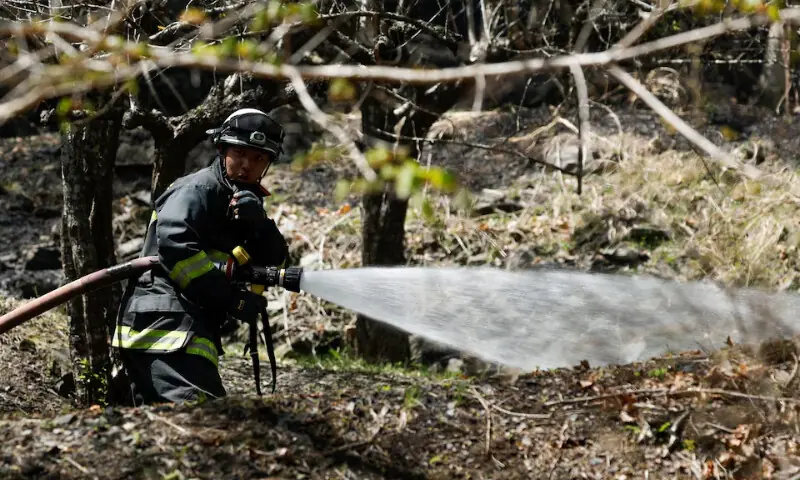   A firefighter works as wildfires continue in Otsuchi, Iwate Prefecture, Japan on April 26, 2026. &mdash; Reuters  