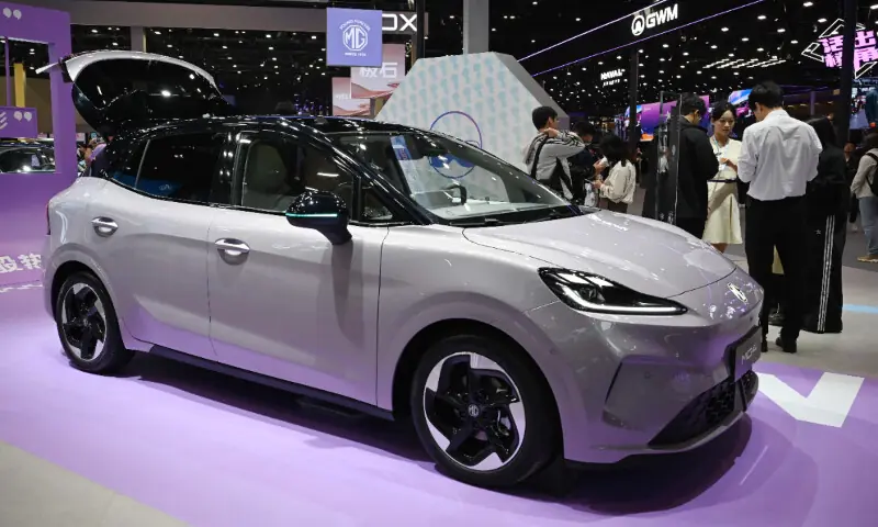 An MG 4 is displayed at the Beijing Auto Show in Beijing on April 26, 2026. &mdash; AFP