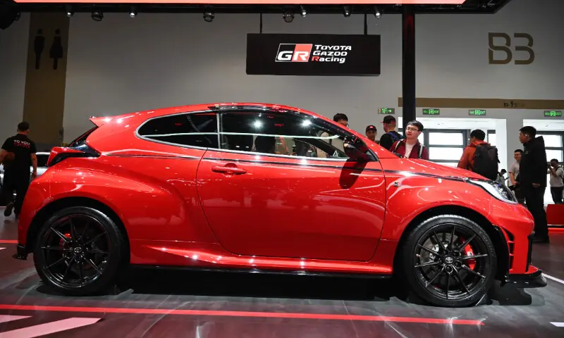 A Toyota Yaris GR is displayed at the Beijing Auto Show in Beijing on April 26, 2026. &mdash; AFP