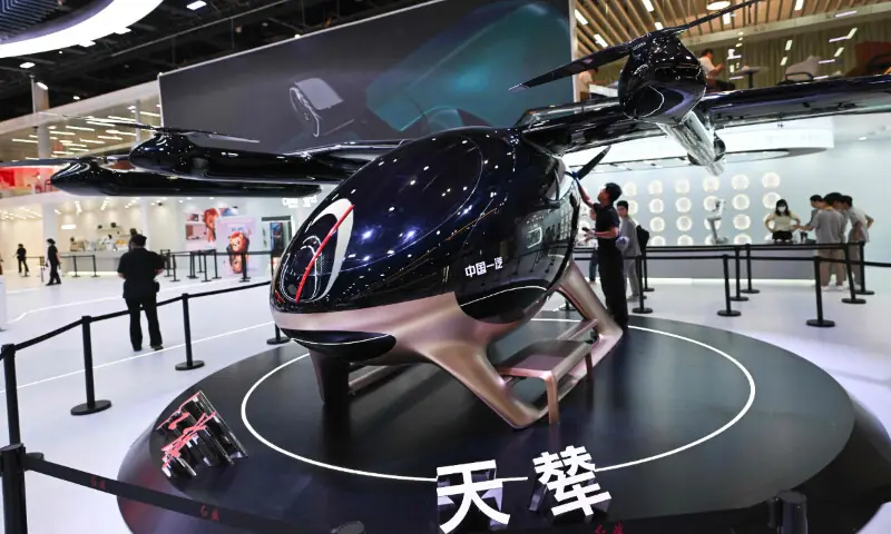 The Hongqi Tian Gong flying car prototype is displayed at the Beijing Auto Show in Beijing on April 26, 2026. &mdash; AFP