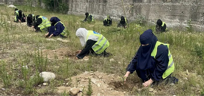   Students take part in a plantation drive in Talash, Lower Dir, on Wednesday. &mdash; Dawn  