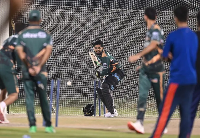  PESHAWAR Zalmi captain Babar Azam bats in the nets during a training session at the LCCA Ground on Saturday. &mdash;M. Arif/White Star 