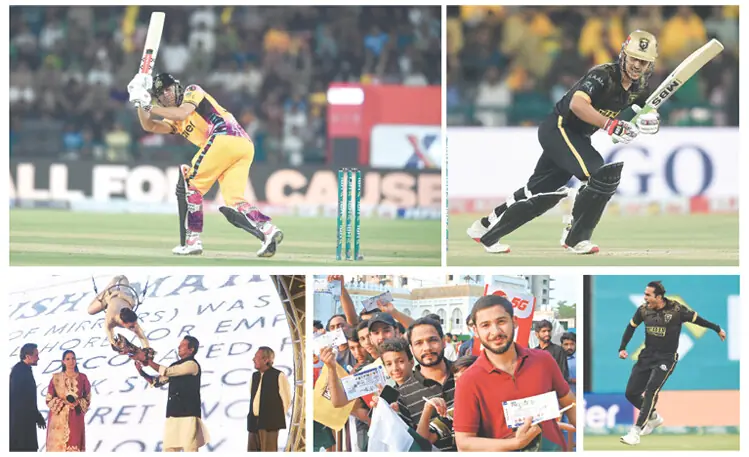  (Clockwise) Peshawar Zalmi batter Aaron Hardie in action during the HBL Pakistan Super League final against Hyderabad Kingsmen at the Gaddafi Stadium on Sunday. Hyderabad Kingsmen batter Saim Ayub watches the ball after playing a shot as Peshawar Zalmi wicket-keeper Mohammad Haris looks on. Kingsmen pacer Mohammad Ali celebrates after taking the key wicket of Peshawar Zalmi skipper Babar Azam. Passionate fans show their tickets of the final as they stand in a queue to enter the Gaddafi Stadium to witness the final. An aerial acrobat presents the PSL-11 trophy to legendary cricketer Wasim Akram before the final as Asian Bradman Zaheer Abbas (R) watches.&mdash;Murtaza Ali/ Arif Ali/ White Star 