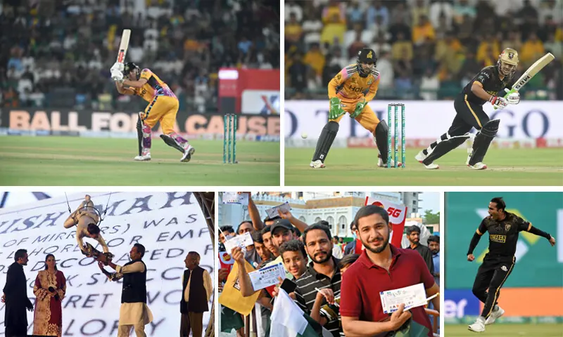 (Clockwise) Peshawar Zalmi batter Aaron Hardie in action during the HBL Pakistan Super League final against Hyderabad Kingsmen at the Gaddafi Stadium on Sunday. Hyderabad Kingsmen batter Saim Ayub watches the ball after playing a shot as Peshawar Zalmi wicket-keeper Mohammad Haris looks on. Kingsmen pacer Mohammad Ali celebrates after taking the key wicket of Peshawar Zalmi skipper Babar Azam. Passionate fans show their tickets of the final as they stand in a queue to enter the Gaddafi Stadium to witness the final. An aerial acrobat presents the PSL-11 trophy to legendary cricketer Wasim Akram before the final as Asian Bradman Zaheer Abbas (R) watches.—Murtaza Ali/ Arif Ali/ White Star