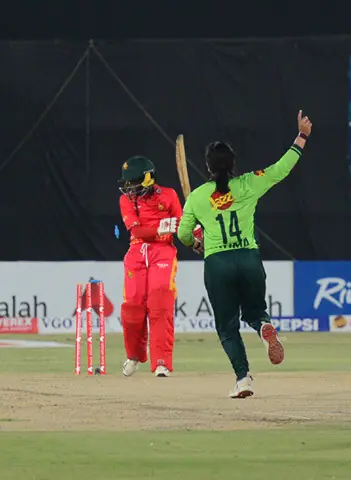  PAKISTAN captain Fatima Sana celebrates after dismissing Zimbabwe batter Kelly Ndiraya during the second One-day International at the National Bank Stadium Karachi on Wednesday.&mdash;Tahir Jamal/White Star 
