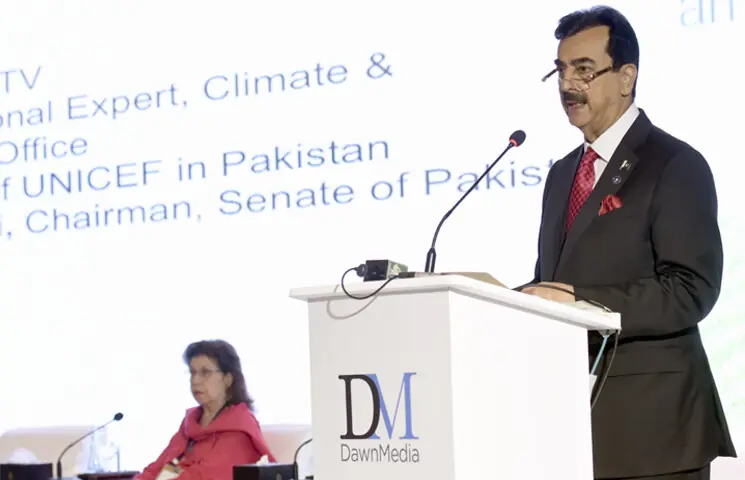  Senate Chairman Yousaf Raza Gilani addresses the concluding session of the 2nd Breathe Pakistan conference.&mdash;Tanveer Shahzad / White Star  