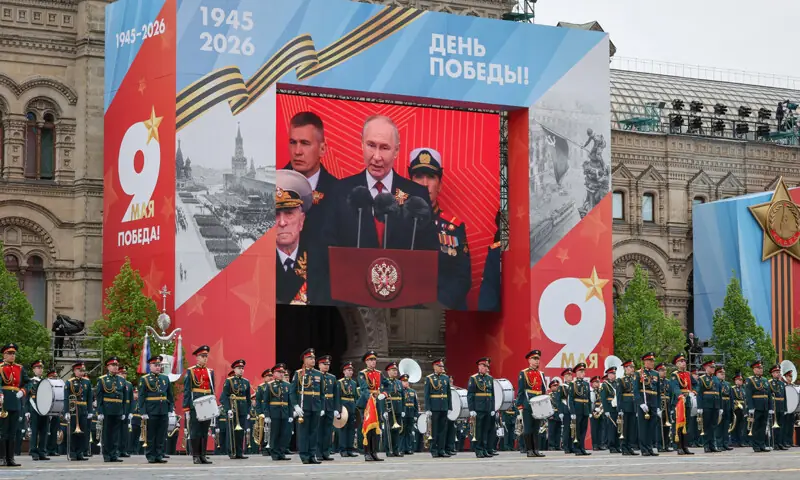  MOSCOW: Russian President Vladimir Putin is seen on a screen during his speech at the Victory Day military parade, marking the 81st anniversary of Nazi Germany&rsquo;s defeat in World War II, in Red Square.&mdash;Reuters 
