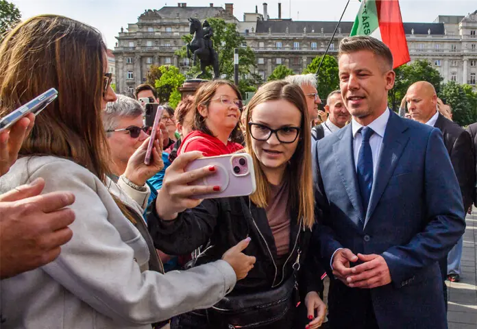  PETER Magyar (right) meets his supporters as he arrives at Budapest&rsquo;s Kossuth Square ahead of the inaugural session of the new parliament and for his oath-taking as Hungary&rsquo;s prime minister.&mdash;AFP 