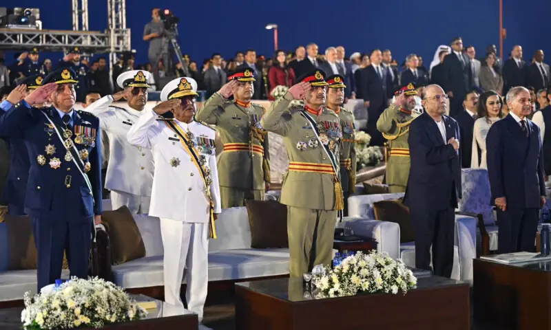 President Asif Ali Zardari, Prime Minister Shehbaz Sharif, and services chiefs photographed during the Marka-i-Haq's first anniversary commemoration ceremony in Islamabad on May 10, 2026. — Photo via ISPR